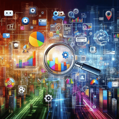 Colorful digital marketing collage illustrating the progressive journey of digital marketing with icons of charts, graphs, and technology